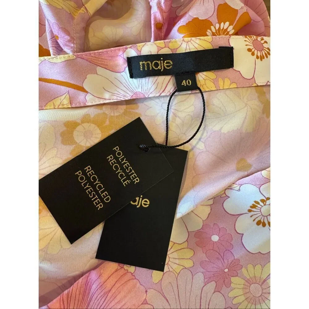 NWT Maje Flower Power Printed Satin Dress Pink Floral Long Sleeve V-Neck 40 US 8